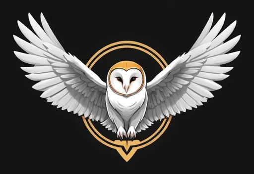 Prompt: A brand logo of a White Knight Barn Owl. Wings curved upwards. The colors will be bright white like an angel, with bright sun light aura behind it to outline the body. And it will have white knights armor on the wings. Make in the style of a logo.