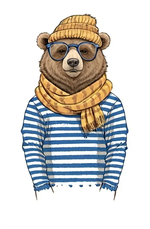 Prompt: a bear wearing a hat and scarf with glasses on it's head and a scarf around his neck, artist, furry art, fashion, a character portrait