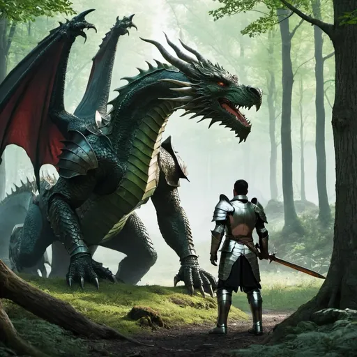 Prompt: a man with armor and a dragon in the forest 