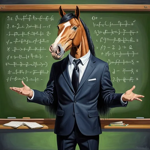 Prompt: Oil painting of a professor horse wearing a Slim Fit  navy suit with a black tie, explaining a lesson, and behind him on the green blackboard are mathematical equations written in chalk. realistic , deep, warm comedy.