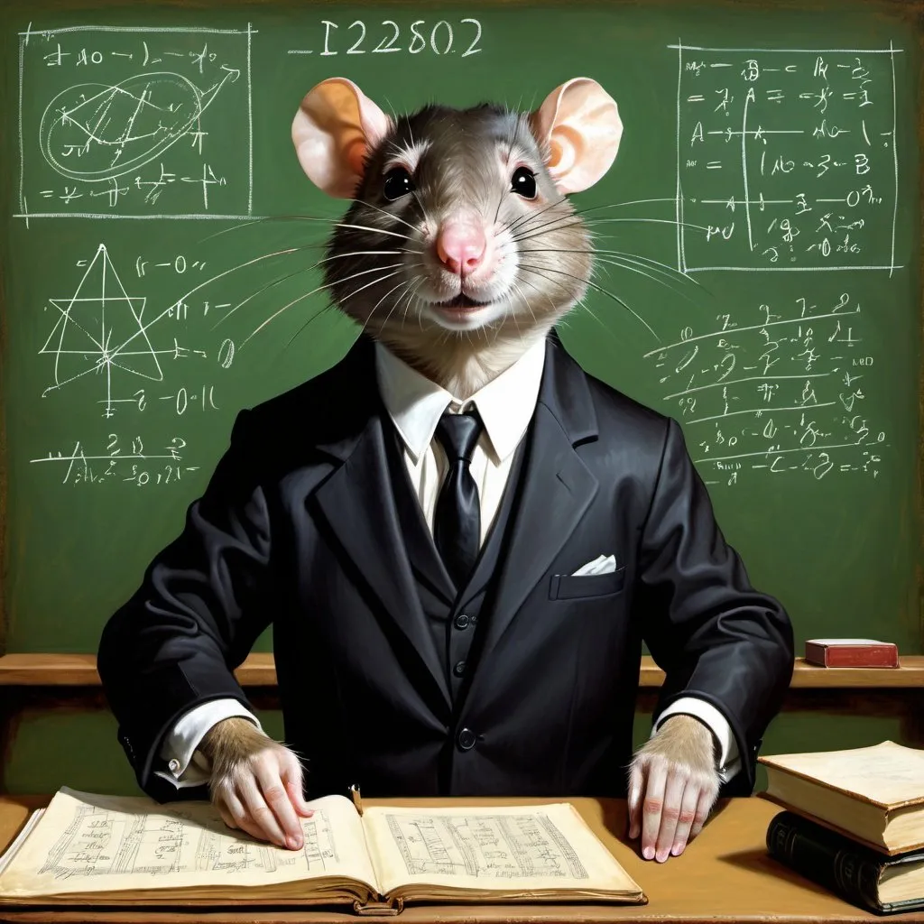 Prompt: Oil painting of a handsome professor rat wearing a a nice black suit with a black tie, explaining a lesson, and behind him on the green blackboard are mathematical equations written in chalk.by lenoardo da Vinci 