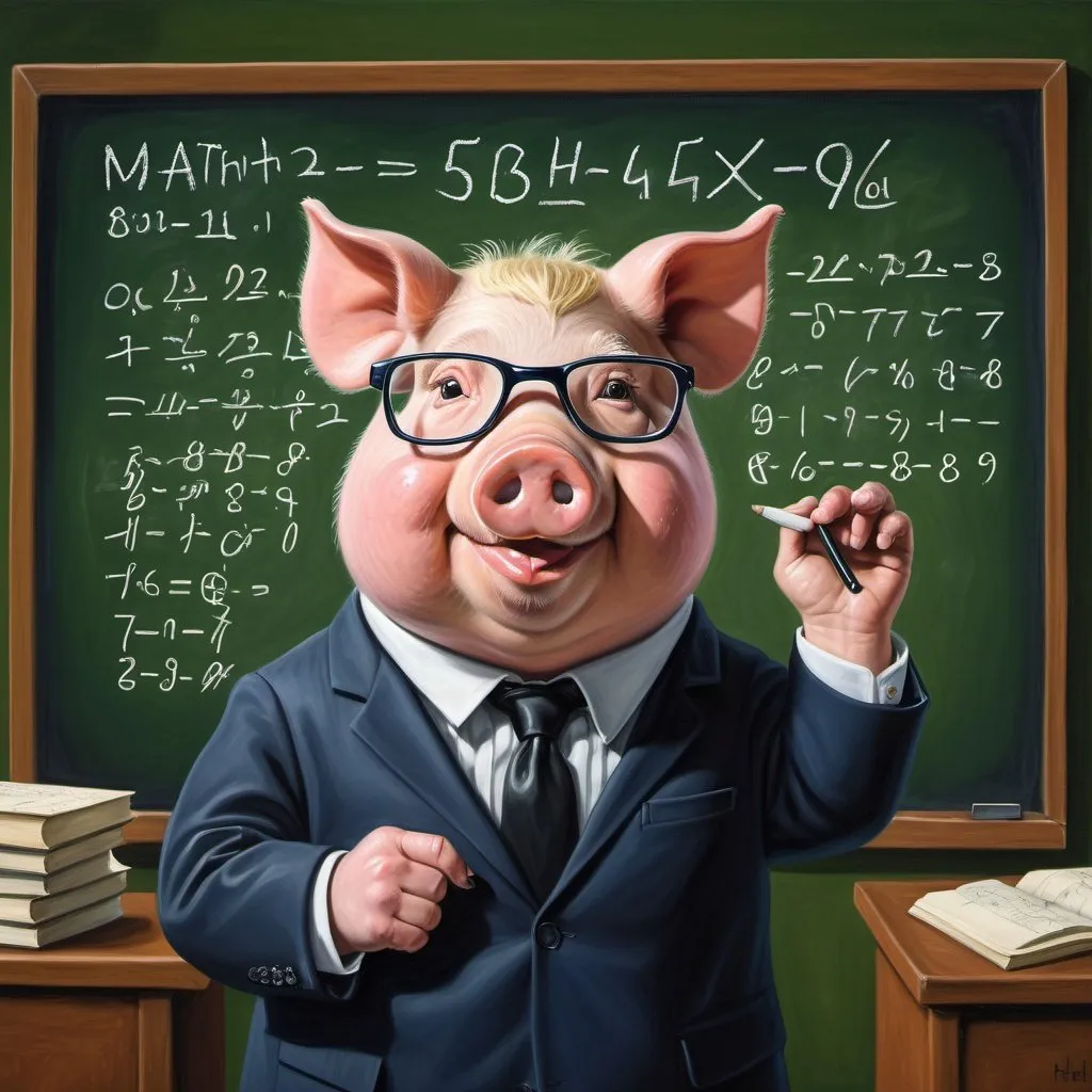 Prompt: Oil painting of a professor pig wearing a Slim Fit  navy suit with a black tie, explaining a lesson, and behind him on the green blackboard are mathematical equations written in chalk. realistic , deep, warm comedy.