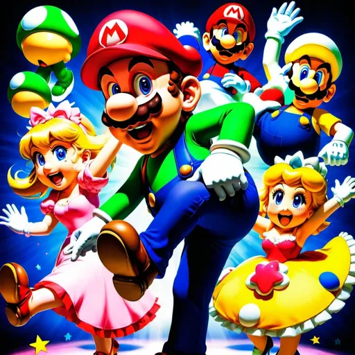 Prompt: luigi from mario dancing with a bunch of other mario characters including mario, peach, daisy and toad and in the anime art style