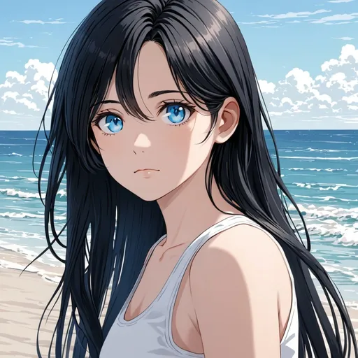 Prompt: long hair, black hair, blue eyes, white tank top, by the sea, upper body
