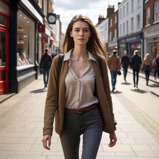 Prompt: Tall young woman walking down the high street, detailed clothing, realistic, natural lighting