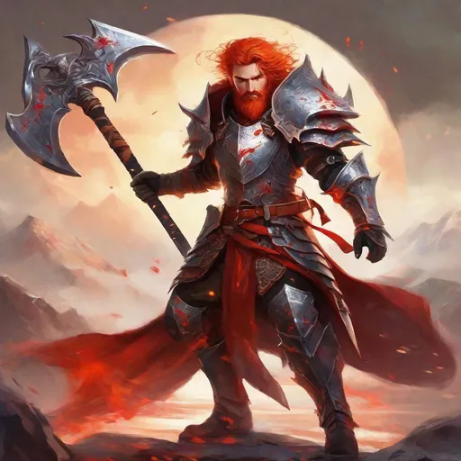 Prompt: Male human fighter, duel-wielding double bladed war axe dripping with blood, full plate armor, dragon style, bright red wavy Hair, red trimmed beard, orange pupil of  eyes, visible face, ruggedly handsome face, high fantasy,