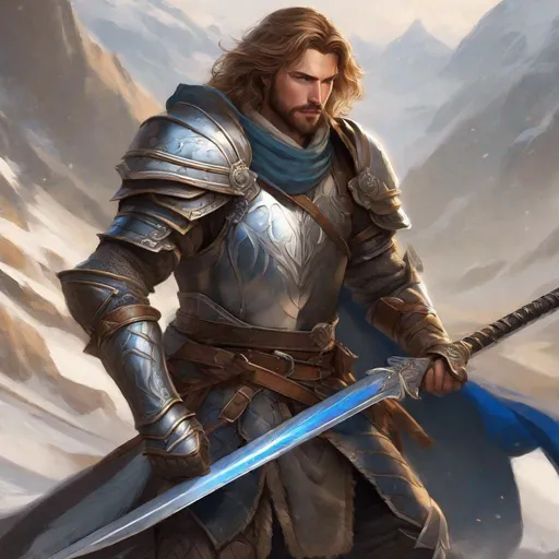 Prompt: Male human fighter, duel-wielding bastard swords, full plate armor, light brown wavy Hair, trimmed beard, blue eyes, visible face, ruggedly handsome face, high fantasy,