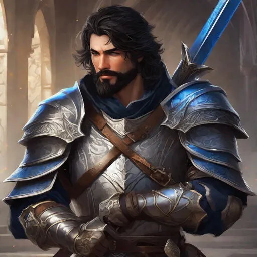 Prompt: Male human fighter, duel-wielding bastard swords, full plate armor, deep black wavy Hair, dark trimmed beard, blue eyes, visible face, ruggedly handsome face, high fantasy,