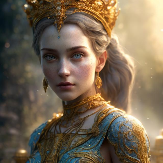 Prompt: beautiful photograph of most beautiful fictional woman, thin crown, goodness, divine  , sky blue and golden, extremely, detailed environment, detailed blur background, intricate, detailed skin, natural colors , professionally color graded, photorealism, 8k, moody lighting.