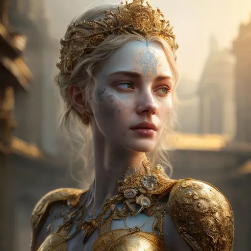 Prompt: beautiful photograph of most beautiful fictional woman, thin crown, goodness, divine  , sky blue and golden, extremely, detailed environment, detailed blur background, intricate, detailed skin, natural colors , professionally color graded, photorealism, 8k, moody lighting.