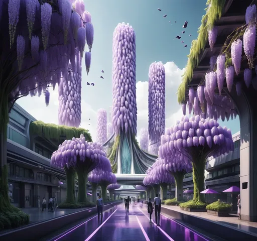 Prompt: a futuristic city covered in wisteria trees 