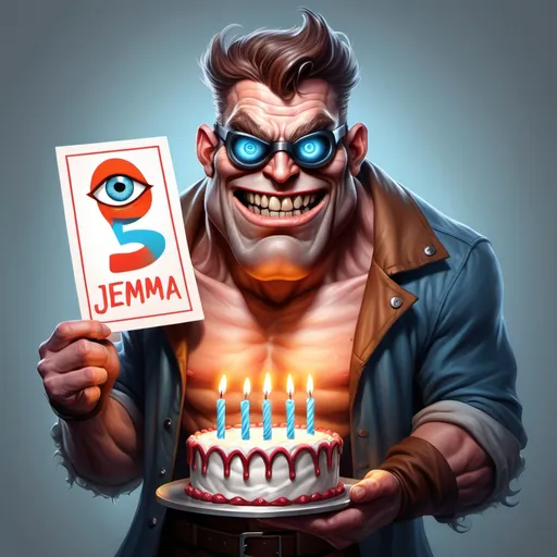 Prompt: hyper-realistic one-eyed scary and tall cyclops character holding a happy birthday Jemma sign, fantasy character art, illustration, fantasy