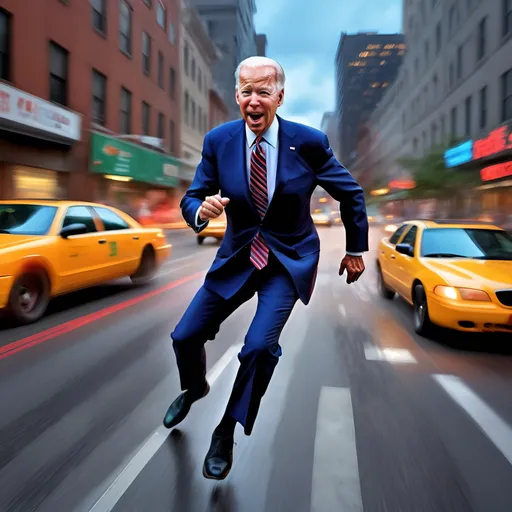 Prompt: Joe Biden racing down city streets, motion blur, high speed, political figure, energetic movement, realistic digital painting, urban setting, dynamic pose, intense expression, high energy, presidential, vibrant colors, action-packed, street racing, political leader, detailed features, city lights, best quality, hyper-realistic, dynamic, energetic, high-speed, urban, vibrant colors, digital painting