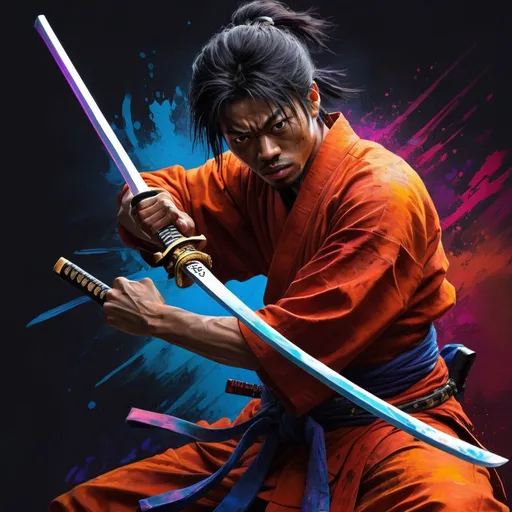 Prompt: Digital painting of coryxkenshin, vibrant colors, dynamic action pose, energetic and expressive facial features, detailed katana with intricate engravings, intense and dramatic lighting, high quality, detailed, dynamic, digital painting, vibrant colors, intense action, katana details, energetic expression, dramatic lighting
