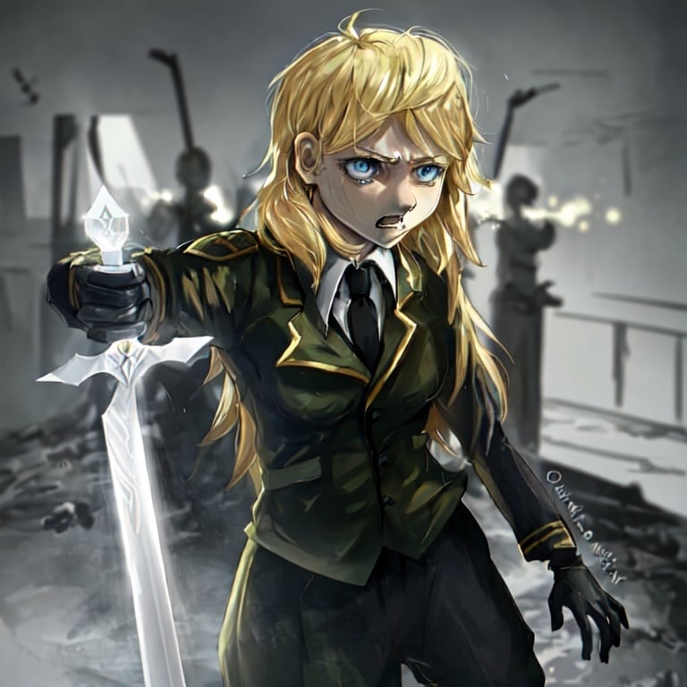 Prompt: A dynamic anime-style depiction of a blonde girl with blue eyes, wearing army attire and wielding a sword made of light. The scene is set against a blurred background of war-torn Germany. The girl is portrayed with more dynamic posture, refined anatomy, and enhanced shading and coloring inspired by Inio Asano's art style, anime style, slightly red cheeks and nose, and slight angry expression, aiming for a perfect 10/10 rendition.