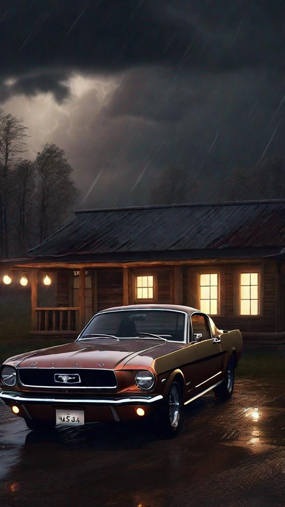 Prompt: A vintage Ford Mustang in a rural setting, parked in front of a small, weathered wooden house during a rainy night. Warm lights glow from the house windows, creating a cozy contrast to the stormy, dramatic sky. Detailed, photorealistic, cinematic lighting, 4K. Anime syle.


