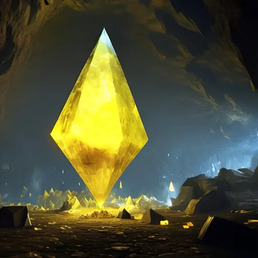 Prompt: a giant, evil  yellow crystal in a huge underground cavern in a fantasy world