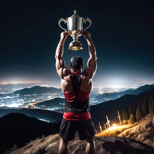 Prompt: Back view of Assassain on mountaion top lifting championship cup at night