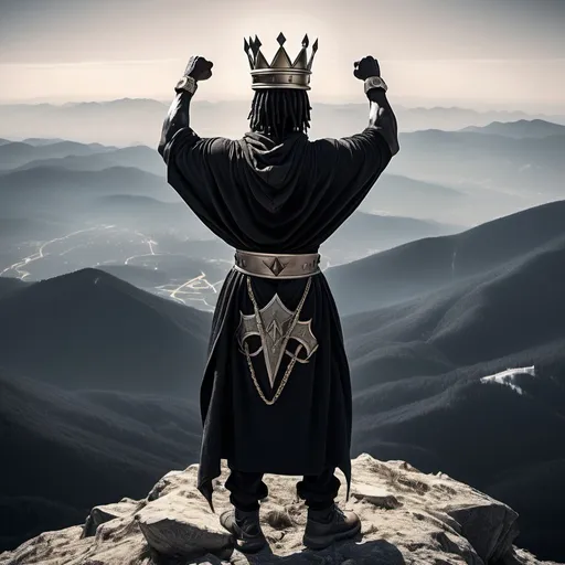 Prompt: Back view of black assassain on mountain top lifting a championship engraved a crown