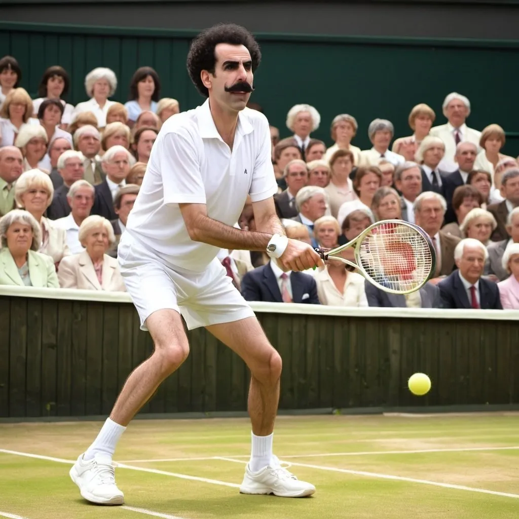 Prompt: Borat playing tennis at wimbeldon