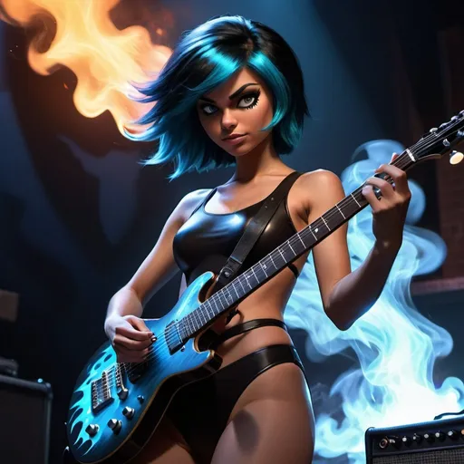 Prompt: Ember McLain from Danny  Phantom playing a guitar, wearing a black swimsuit, photorealism, blue flames, rock concert, professional lighting, perfect shading, smoke in the air, HD, 4k, realistic, detailed, concert atmosphere, skilled playing, intense expression, rockstar aura, fiery ambiance, high-quality rendering