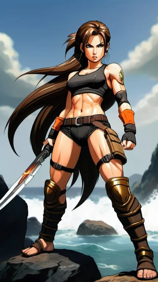 Prompt: Anime illustration of Lara Croft in traditional Saiyan armor, black swimsuit bottom, fierce and determined expression, high-quality, anime, warrior, detailed armor, vibrant colors, dynamic pose, dramatic lighting