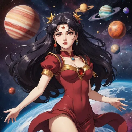 Prompt: Ishtar Tohsaka the goddess of Venus flying through space with different colored planets and stars and galaxies in the background