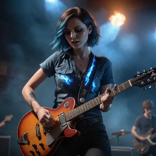 Prompt: Ember McLain playing guitar, photorealism, blue flames, rock concert, professional lighting, perfect shading, smoke in the air, HD, 4k, realistic, detailed, concert atmosphere, skilled playing, intense expression, rockstar aura, fiery ambiance, high-quality rendering