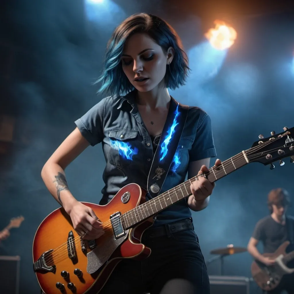 Prompt: Ember McLain playing guitar, photorealism, blue flames, rock concert, professional lighting, perfect shading, smoke in the air, HD, 4k, realistic, detailed, concert atmosphere, skilled playing, intense expression, rockstar aura, fiery ambiance, high-quality rendering