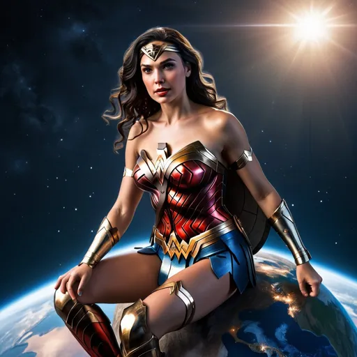 Prompt: Photorealistic image of Wonder Woman, sitting on top of the Earth in the vastness of space, high quality, detailed facial features, photorealism, superhero, iconic pose, detailed Earth, realistic space background, cosmic colors, Earth's atmosphere, shining stars, realistic lighting, professional, detailed costume, photorealistic style, vibrant and deep colors, professional lighting