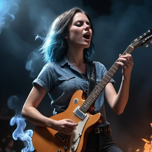 Prompt: Ember McLain playing guitar, photorealism, blue flames, rock concert, professional lighting, perfect shading, smoke in the air, HD, 4k, realistic, detailed, concert atmosphere, skilled playing, intense expression, rockstar aura, fiery ambiance, high-quality rendering