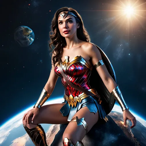 Prompt: Photorealistic image of Wonder Woman, sitting on top of the Earth in the vastness of space, high quality, detailed facial features, photorealism, superhero, iconic pose, detailed Earth, realistic space background, cosmic colors, Earth's atmosphere, shining stars, realistic lighting, professional, detailed costume, photorealistic style, vibrant and deep colors, professional lighting