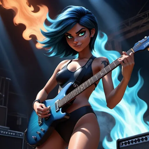 Prompt: Ember McLain from Danny  Phantom playing a guitar, wearing a black swimsuit, photorealism, blue flames, rock concert, professional lighting, perfect shading, smoke in the air, HD, 4k, realistic, detailed, concert atmosphere, skilled playing, intense expression, rockstar aura, fiery ambiance, high-quality rendering