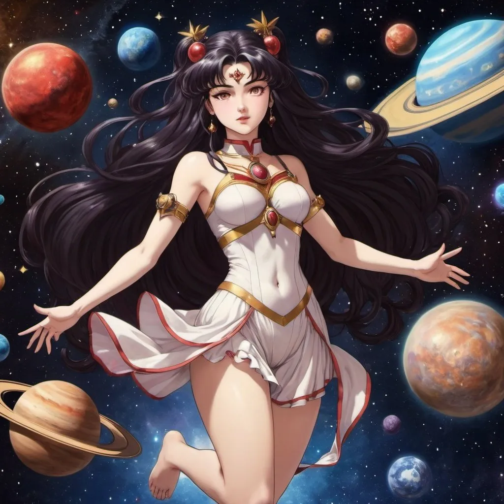 Prompt: Ishtar Tohsaka the goddess of Venus flying through space with different colored planets and stars and galaxies in the background