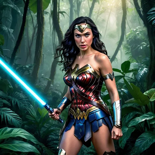 Prompt: Photorealistic illustration of Wonder Woman wielding a blue lightsaber in a lush jungle, vibrant green foliage, realistic skin texture, detailed armor and weapons, cinematic lighting, high quality, ultra-realistic, photorealism, detailed eyes, powerful stance, lush jungle, vibrant colors, cinematic, realistic lighting, intense gaze, intricate details