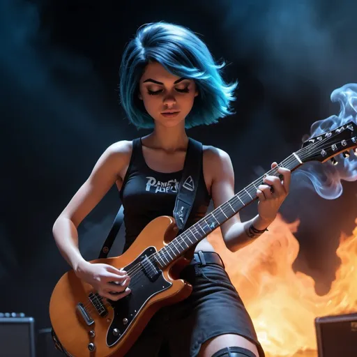 Prompt: Ember McLain from Danny  Phantom playing a guitar, photorealism, blue flames, rock concert, professional lighting, perfect shading, smoke in the air, HD, 4k, realistic, detailed, concert atmosphere, skilled playing, intense expression, rockstar aura, fiery ambiance, high-quality rendering