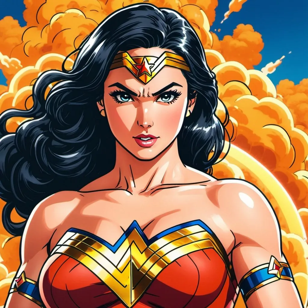 Prompt: Wonder Woman in Dragon Ball Z art style, Anime Art, Akira Toryiama style, animated, crisp lines, UHD, HD, 4K, daytime 