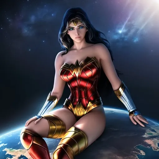 Prompt: Photorealistic image of Wonder Woman, sitting on top of the Earth in the vastness of space, high quality, detailed facial features, photorealism, superhero, iconic pose, detailed Earth, realistic space background, cosmic colors, Earth's atmosphere, shining stars, realistic lighting, professional, detailed costume, photorealistic style, vibrant and deep colors, professional lighting