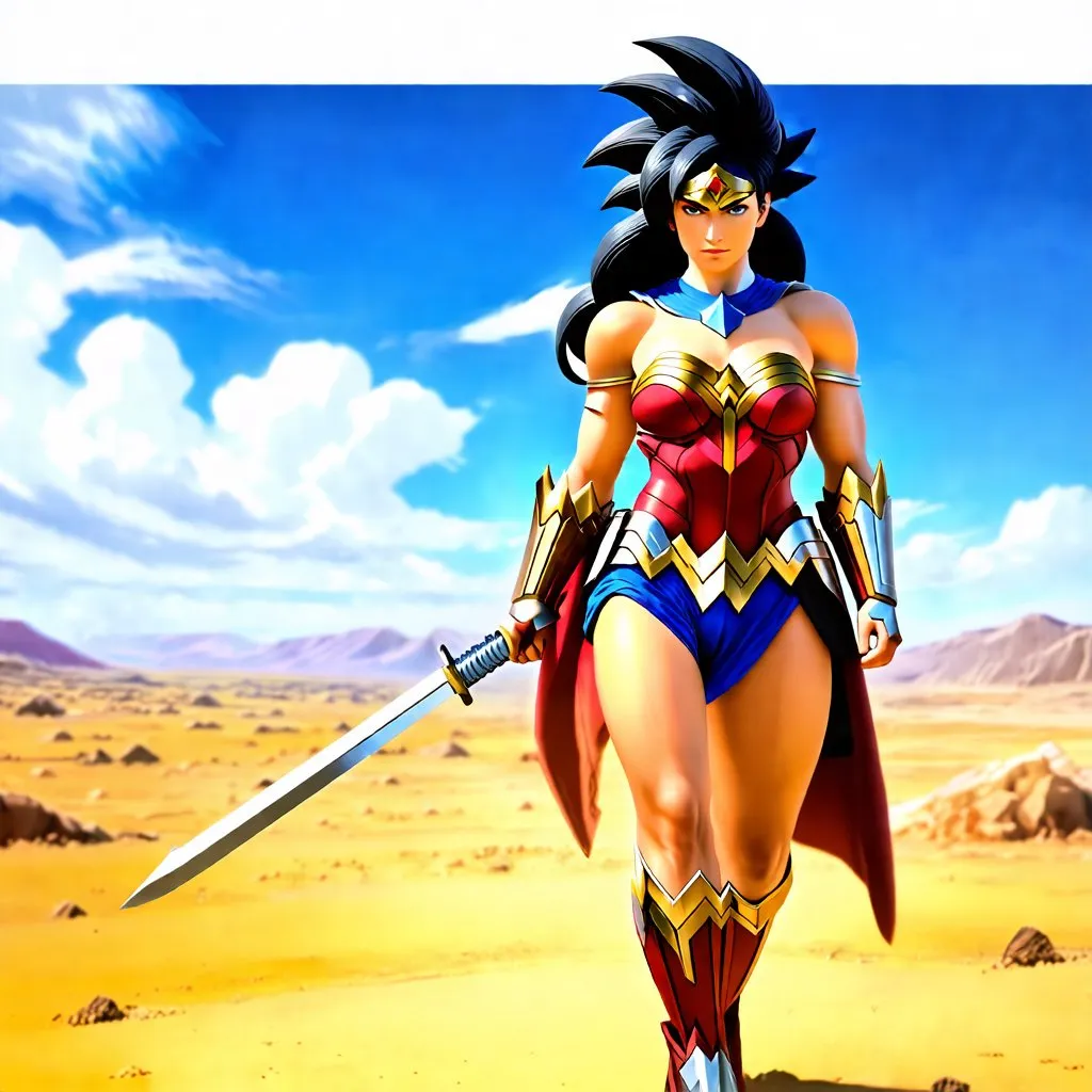 Prompt: Wonder Woman dressed in traditional Female Saiyan armor on a deserted battlefield 