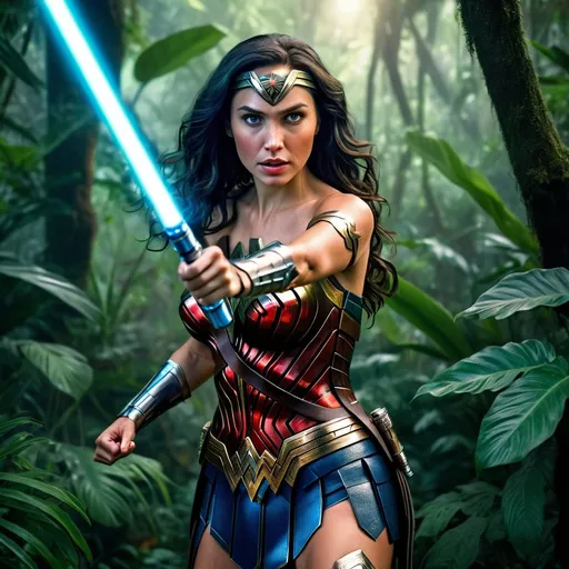 Prompt: Photorealistic illustration of Wonder Woman wielding a blue lightsaber in a lush jungle, vibrant green foliage, realistic skin texture, detailed armor and weapons, cinematic lighting, high quality, ultra-realistic, photorealism, detailed eyes, powerful stance, lush jungle, vibrant colors, cinematic, realistic lighting, intense gaze, intricate details