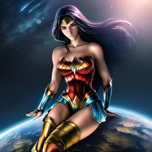 Prompt: Photorealistic image of Wonder Woman, sitting on top of the Earth in the vastness of space, high quality, detailed facial features, photorealism, superhero, iconic pose, detailed Earth, realistic space background, cosmic colors, Earth's atmosphere, shining stars, realistic lighting, professional, detailed costume, photorealistic style, vibrant and deep colors, professional lighting