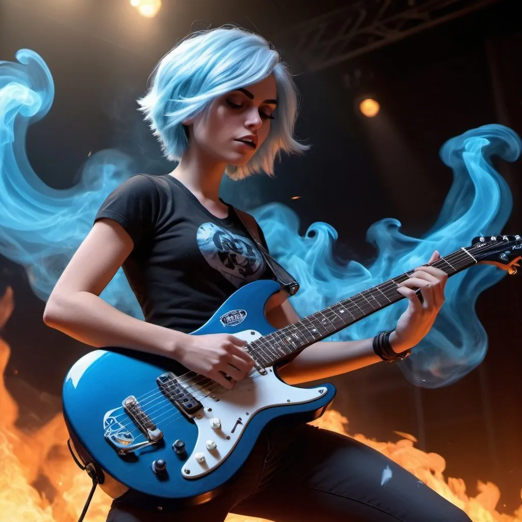 Prompt: Ember McLain from Danny  Phantom playing a guitar, photorealism, blue flames, rock concert, professional lighting, perfect shading, smoke in the air, HD, 4k, realistic, detailed, concert atmosphere, skilled playing, intense expression, rockstar aura, fiery ambiance, high-quality rendering