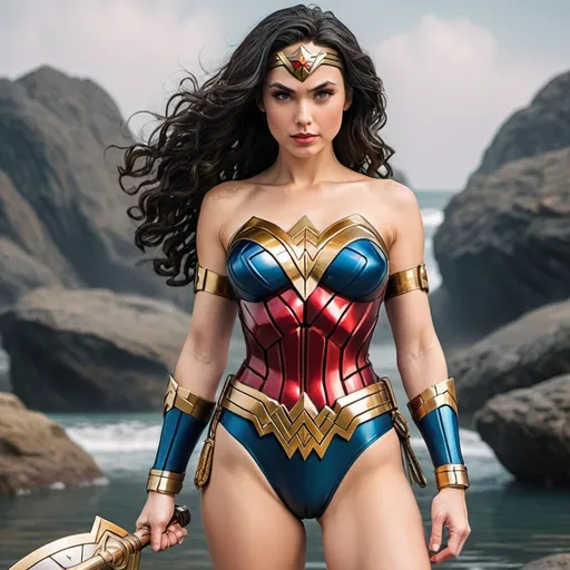Prompt: Wonder Woman dressed in traditional Saiyan armor, black swimsuit bottom