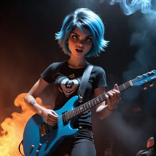 Prompt: Ember McLain from Danny  Phantom playing a guitar, photorealism, blue flames, rock concert, professional lighting, perfect shading, smoke in the air, HD, 4k, realistic, detailed, concert atmosphere, skilled playing, intense expression, rockstar aura, fiery ambiance, high-quality rendering