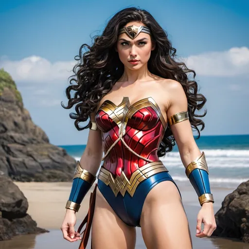 Prompt: Wonder Woman dressed in traditional Saiyan armor, black swimsuit bottom