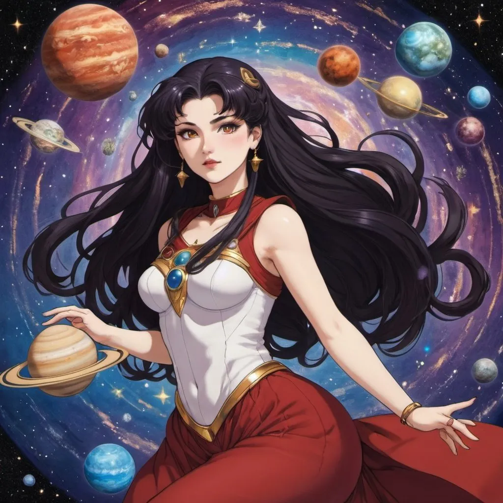 Prompt: Ishtar Tohsaka the goddess of Venus flying through space with different colored planets and stars and galaxies in the background