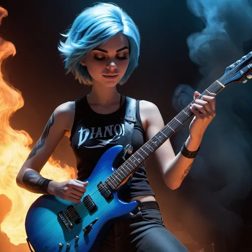 Prompt: Ember McLain from Danny  Phantom playing a guitar, photorealism, blue flames, rock concert, professional lighting, perfect shading, smoke in the air, HD, 4k, realistic, detailed, concert atmosphere, skilled playing, intense expression, rockstar aura, fiery ambiance, high-quality rendering