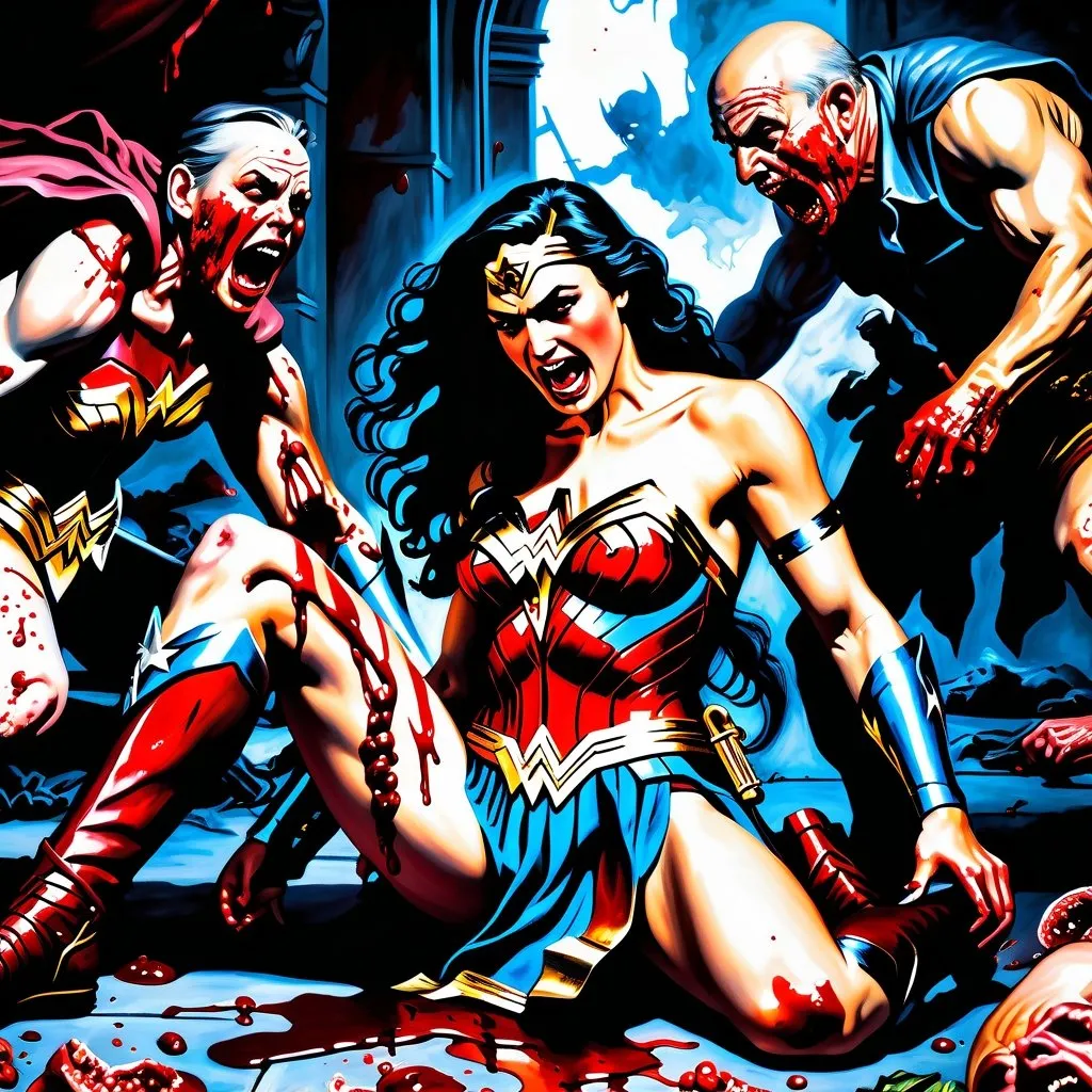 Prompt: Gory illustration of Wonder Woman, realistic oil painting, intense gore, gruesome scene, blood-soaked, dismembered limbs, scattered organs, feeding goblins, detailed gore, high quality, realistic, intense, gory, oil painting, dark tones, dramatic lighting