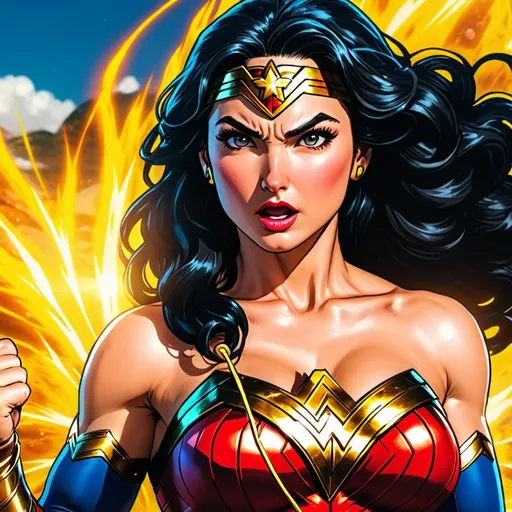 Prompt: Wonder Woman in Dragon Ball Z art style, anime, Akira Toriyama style, animated, crisp lines, 4K, UHD, HD, daytime, powerful stance, vibrant colors, detailed hair, iconic outfit, fierce expression, dynamic posing, superhero, intense energy aura, professional artstyle, dynamic lighting