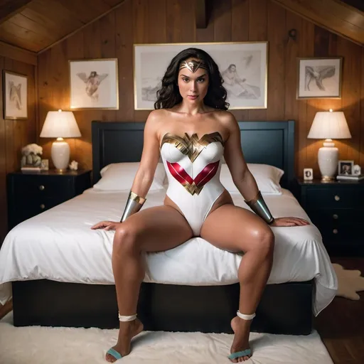 Prompt: Wonder Woman sitting at the foot of the bed wearing a white swimsuit, satin sheets, surrounded by thicc black women, cabin aesthetic 